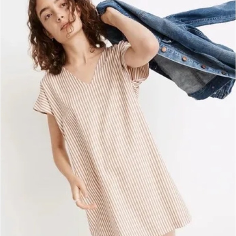 Madewell Button Back Cotton Tan and White Striped V-Neck Tunic Dress Size XS